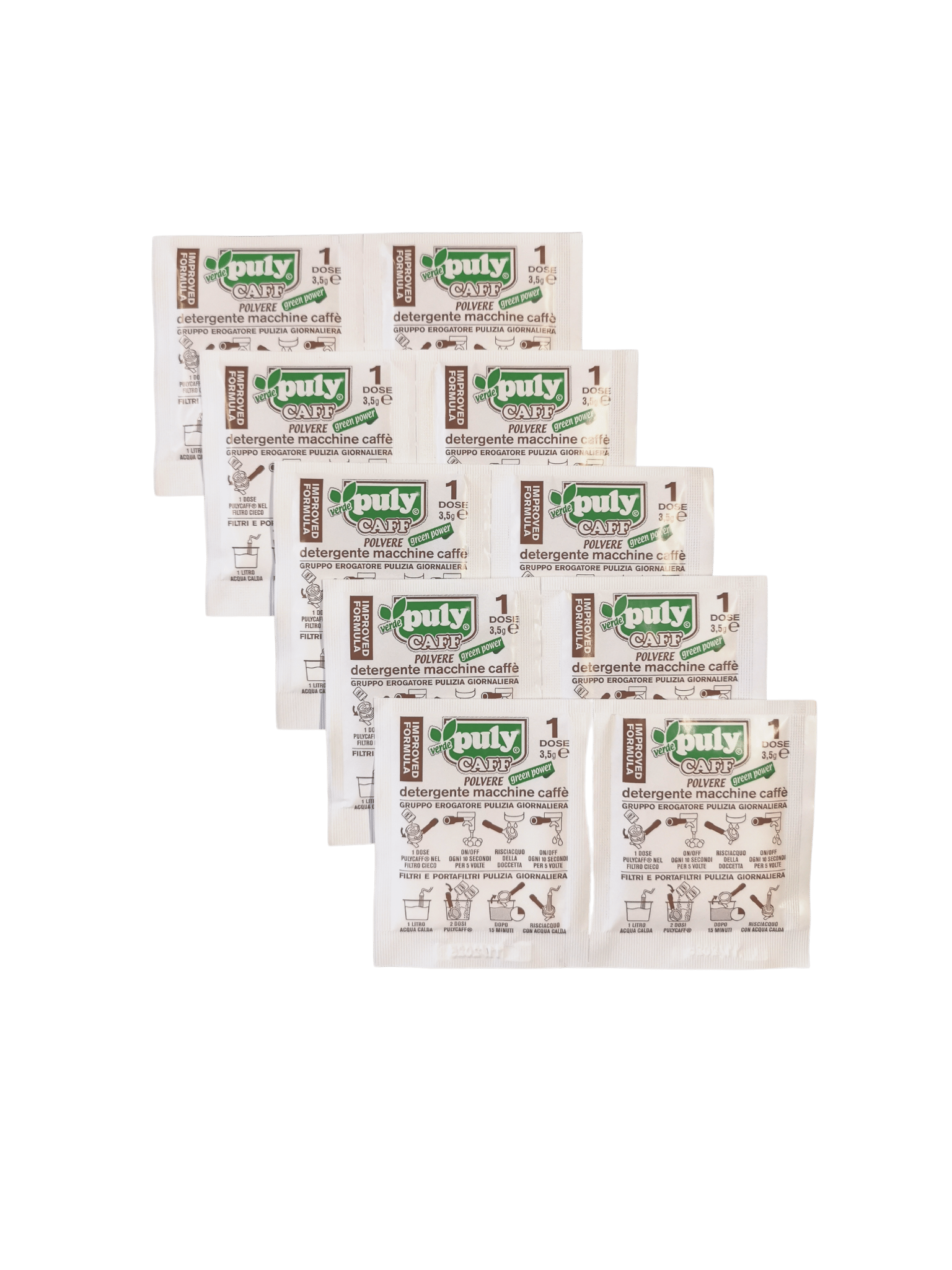 Puly - Caff Green Cleaner Sachets 10 doses x 3.5g Wholesaler and Supplier in Kuwait (Cleaner for Filter Holder, Filter Baskets, Shower Screen, Group Heads)